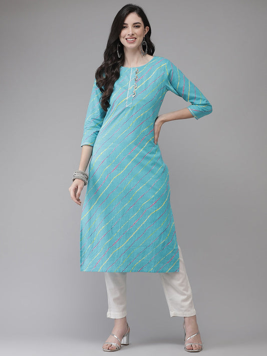 Turquoise Blue & Multi Leheriya Printed Kurta-Yufta Store-636KURSBS