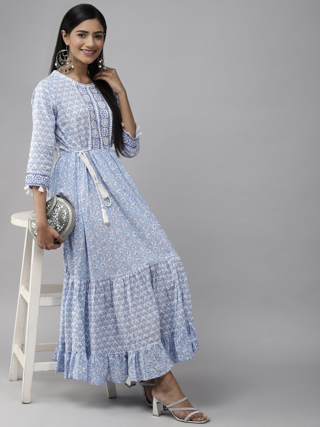 White & Blue Ethnic Dress-Yufta Store-3107DRSBLS