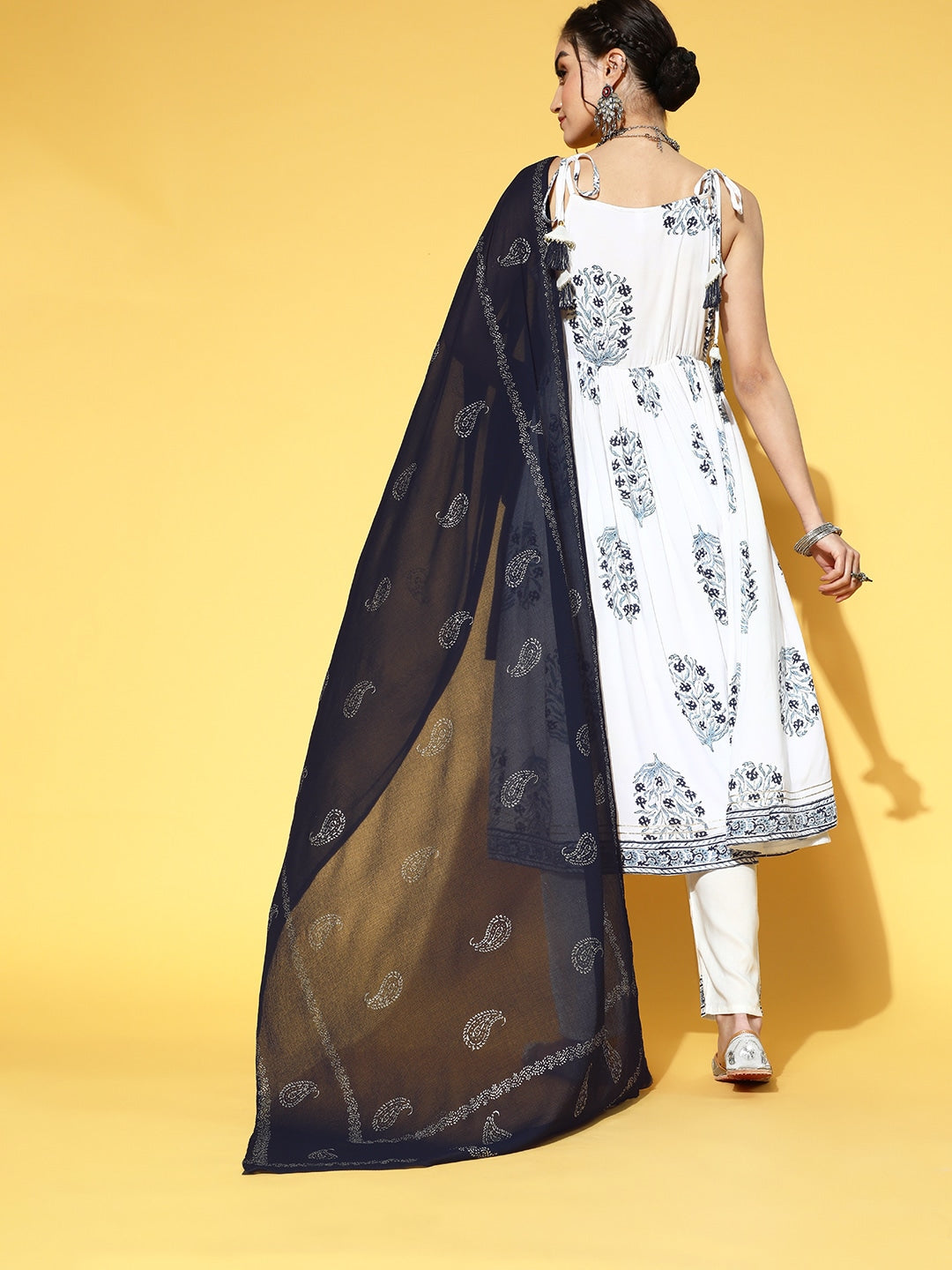 White & Blue Floral Printed Dupatta Set-Yufta Store-9423SKDWHS