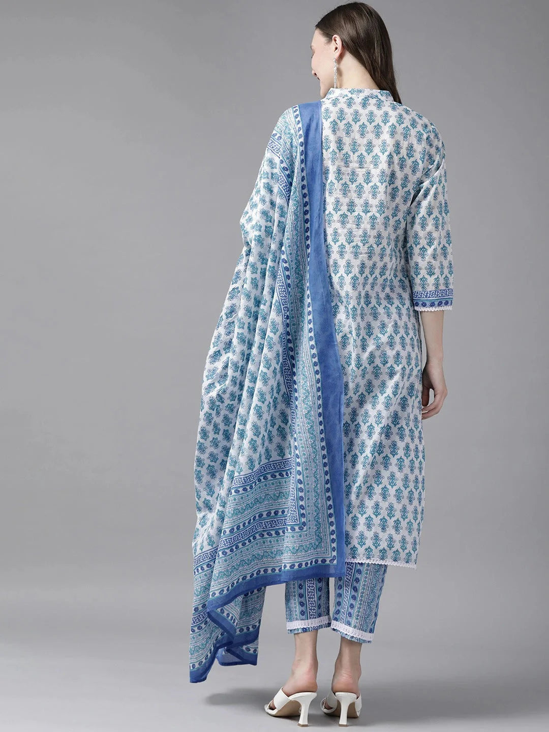 White & Blue Printed Dupatta Set