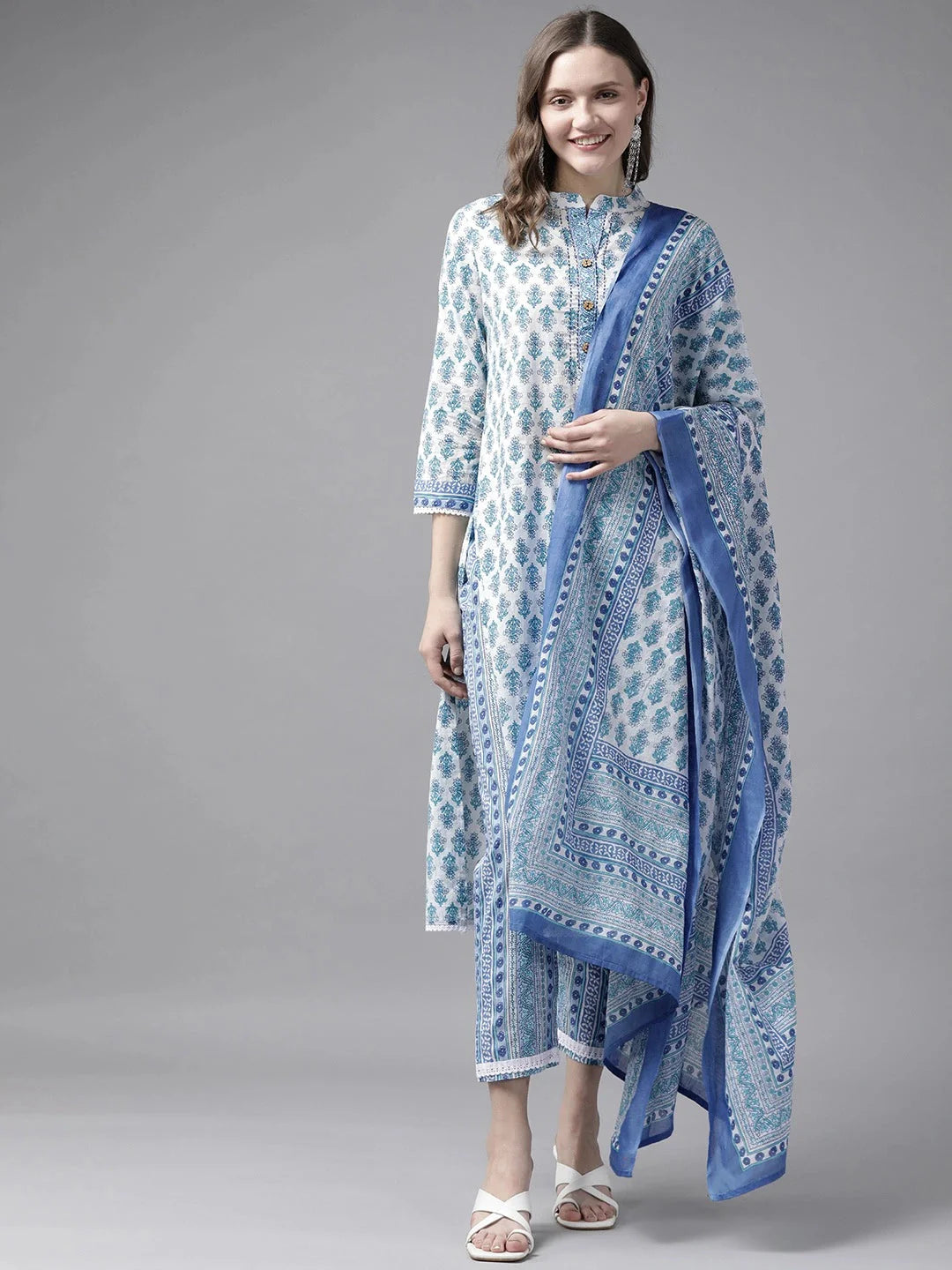 White & Blue Printed Dupatta Set