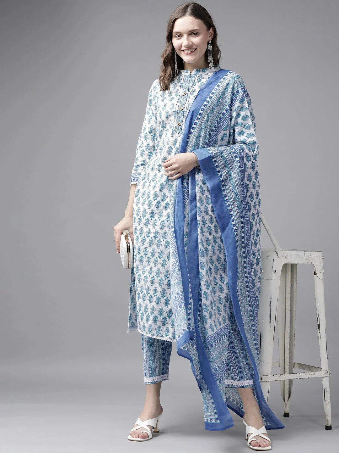 White & Blue Printed Dupatta Set