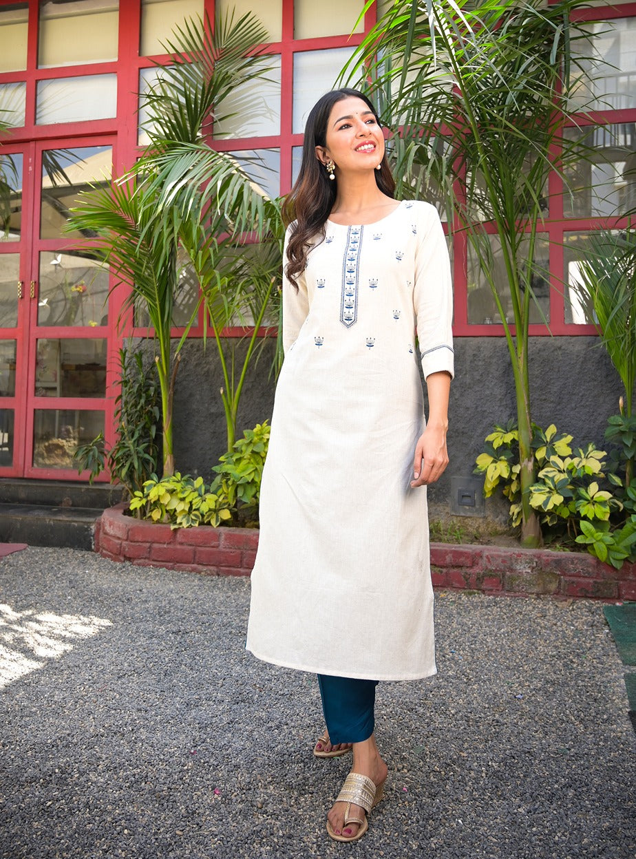 White & Blue Straight Kurta Set-Yufta Store-7784SETWHS