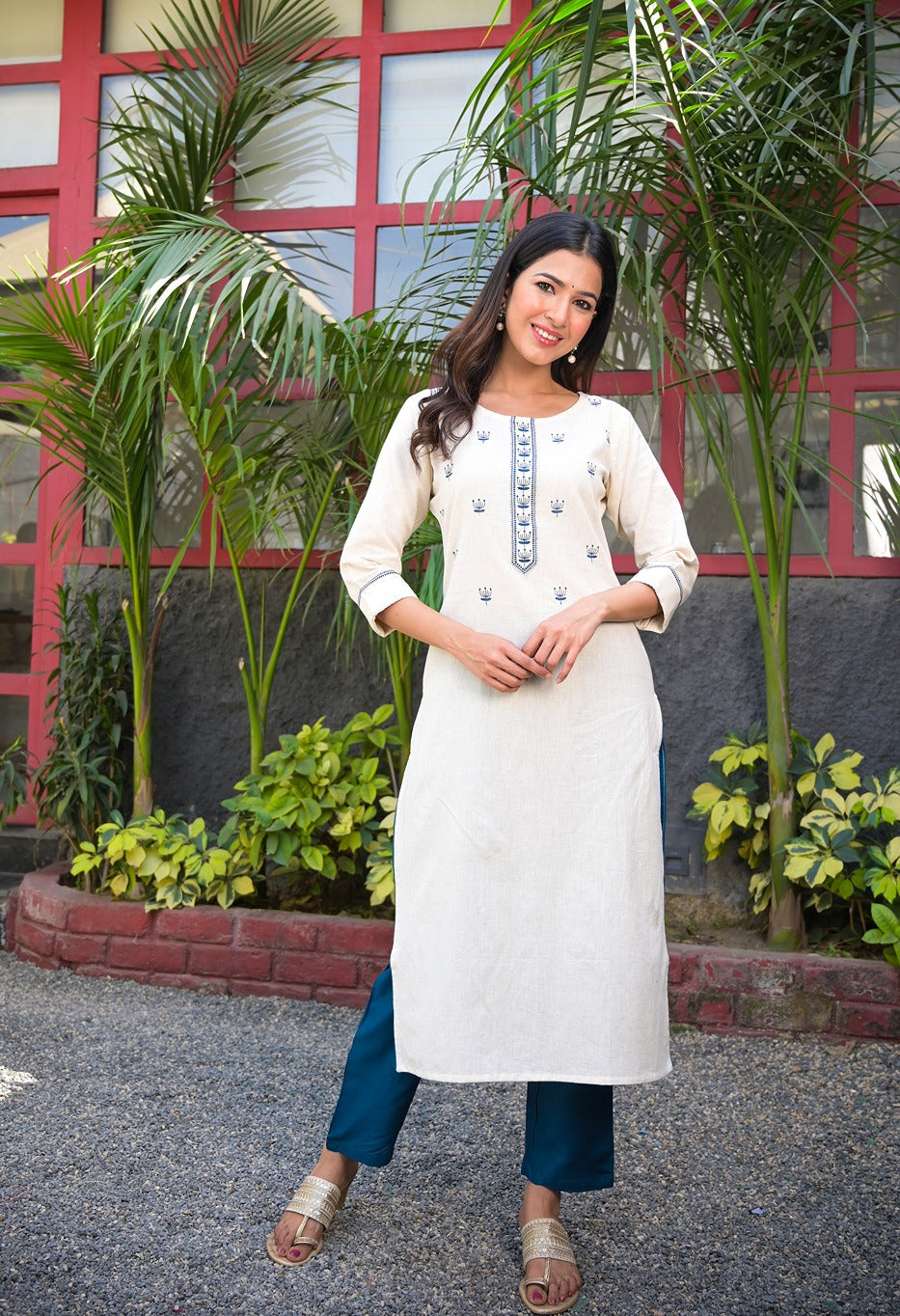 White & Blue Straight Kurta Set-Yufta Store-7784SETWHS