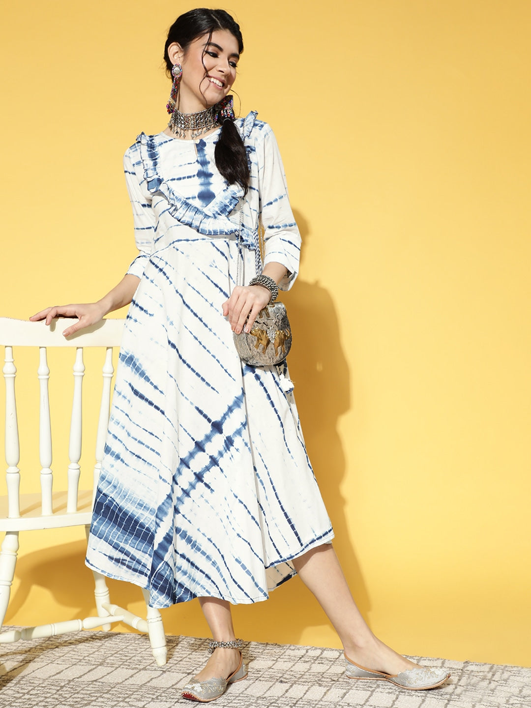 White & Blue Tie-Dyed Dress-Yufta Store-9576DRSWHS