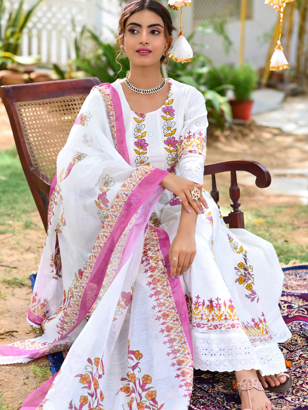 White Embroidered Dupatta set-Yufta Store-2367SKDWHM