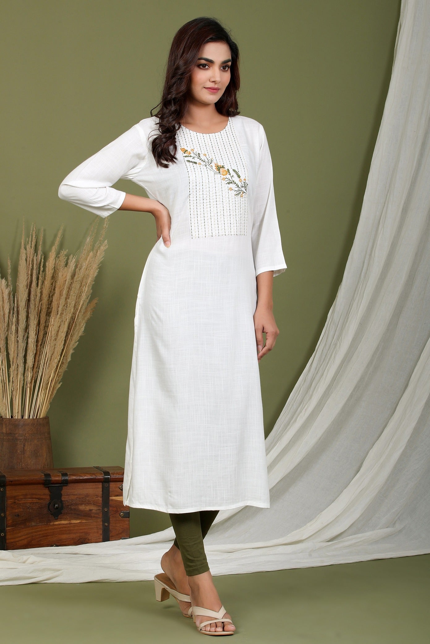 White Embroidered Kurta-Yufta Store-2413KURWHM