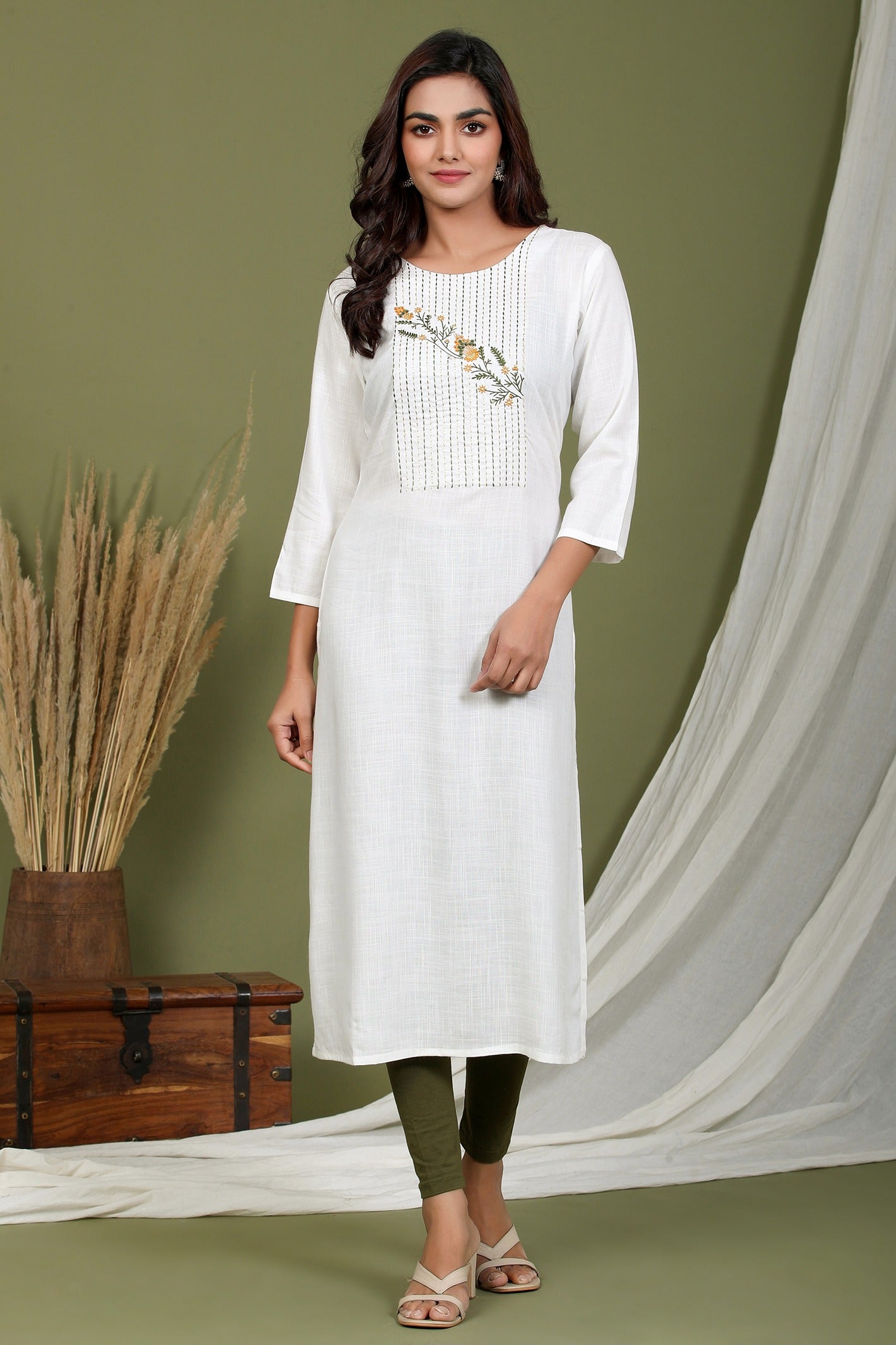 White Embroidered Kurta-Yufta Store-2413KURWHM