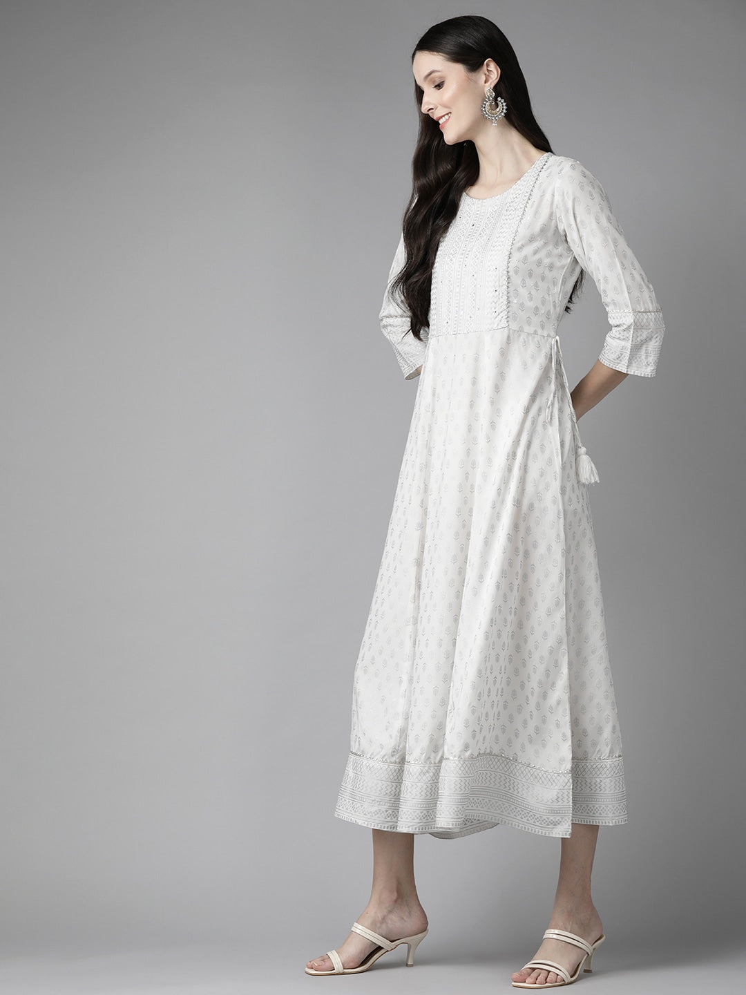 White Ethnic A-Line Midi Dress