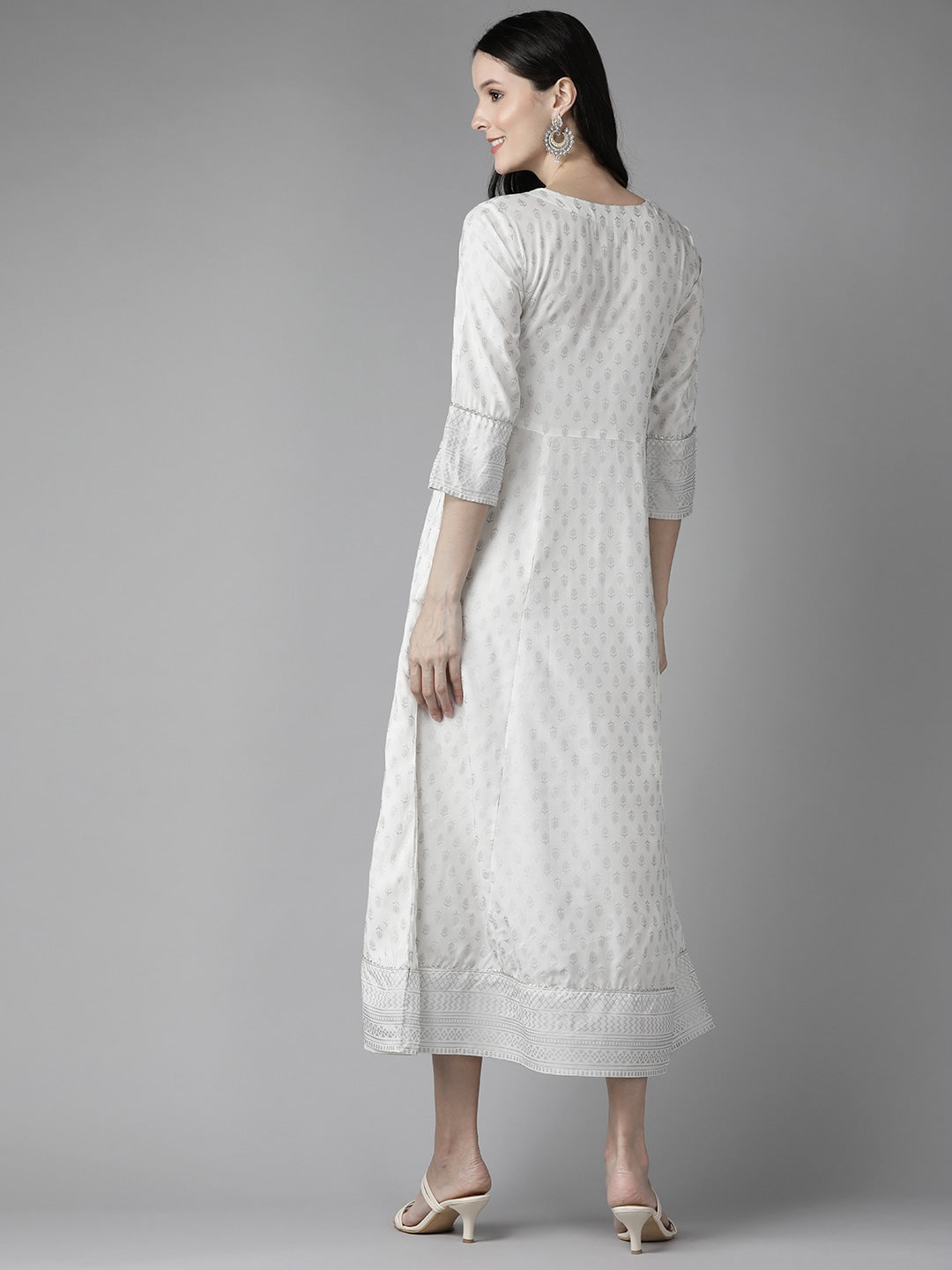 White Ethnic A-Line Midi Dress