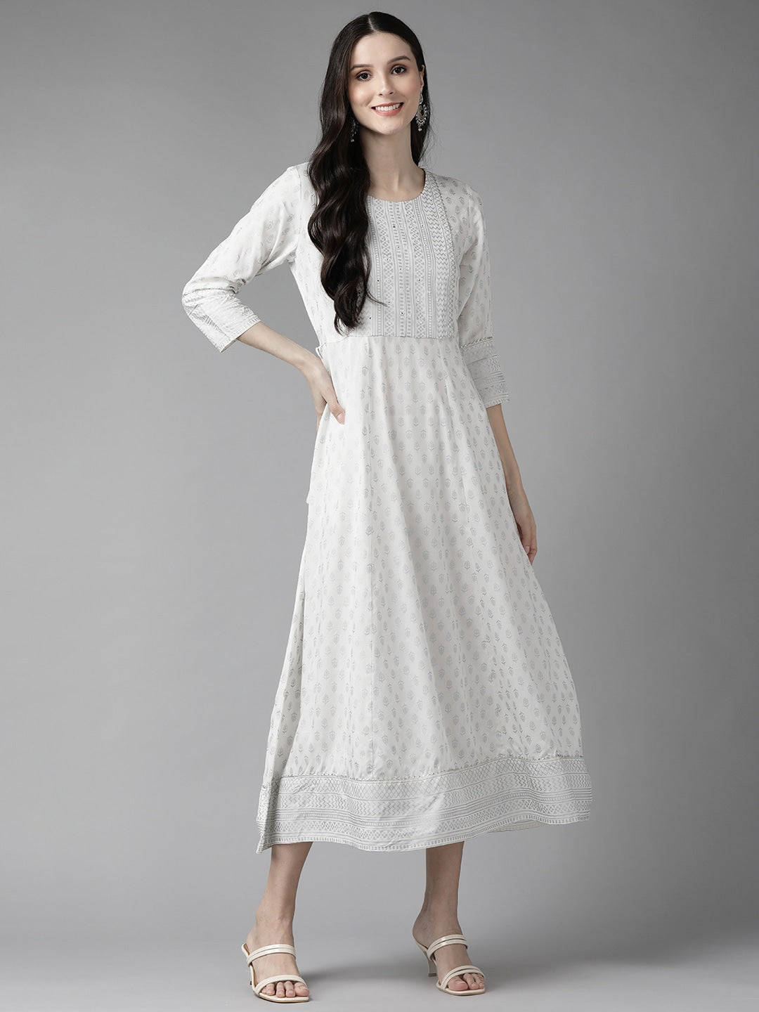 White Ethnic A-Line Midi Dress