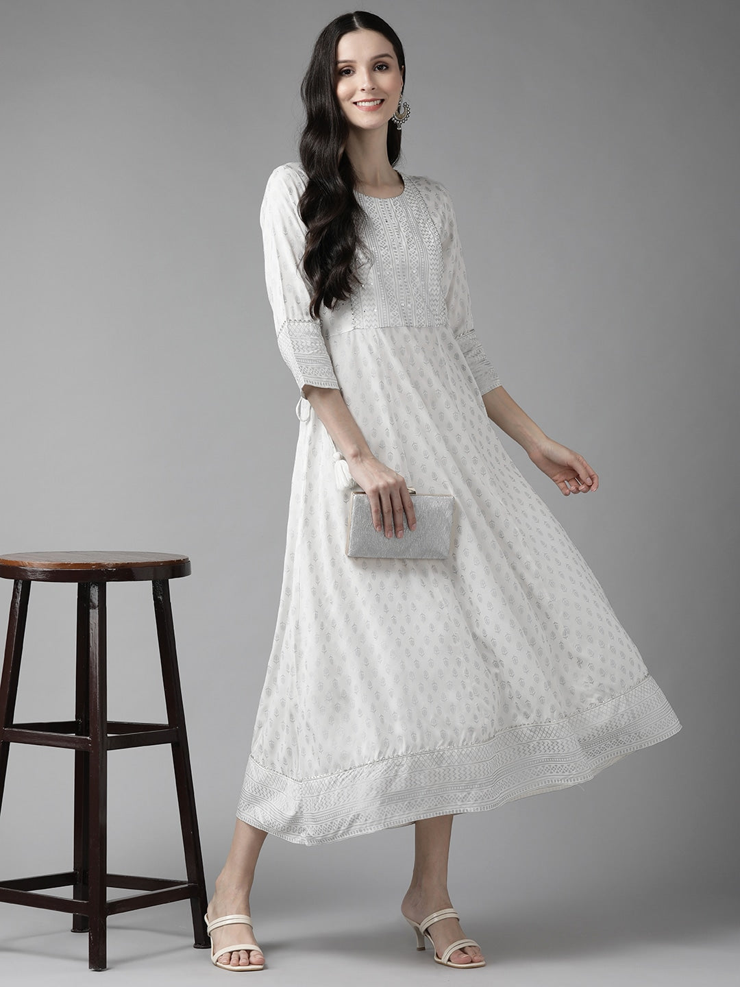 White Ethnic A-Line Midi Dress