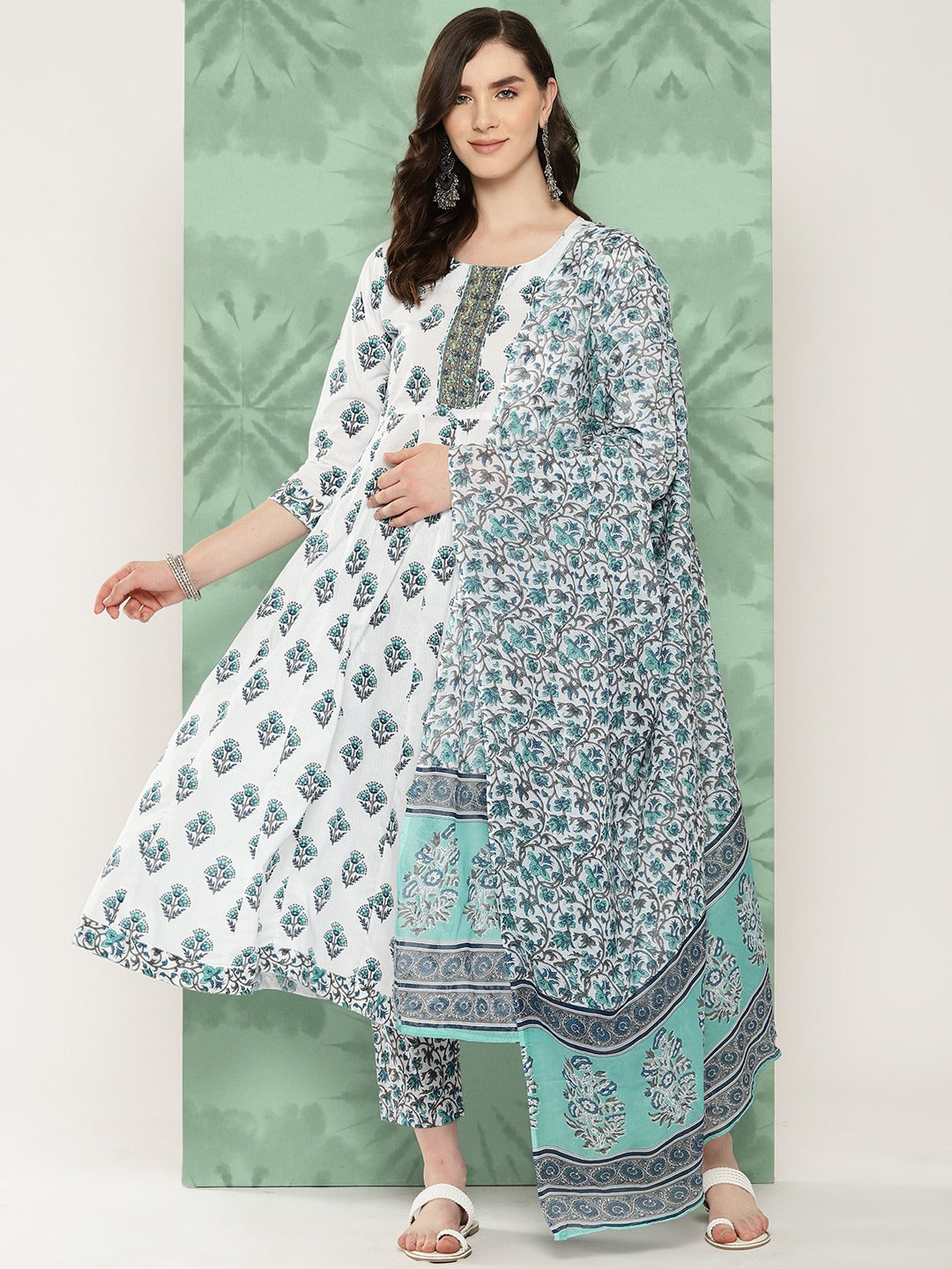 White Ethnic Motifs Printed Pure Cotton Kurta with Trousers & Dupatta Set-Yufta Store-1421SKDWHS