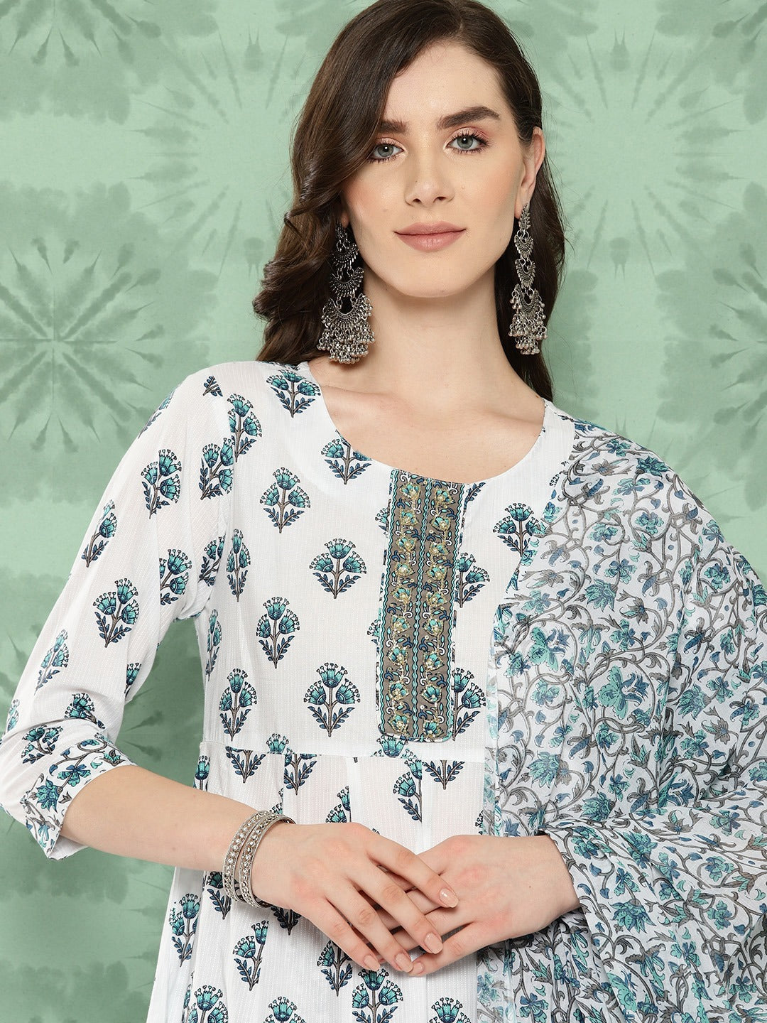 White Ethnic Motifs Printed Pure Cotton Kurta with Trousers & Dupatta Set-Yufta Store-1421SKDWHS