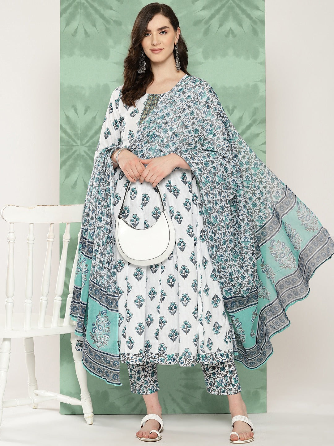 White Ethnic Motifs Printed Pure Cotton Kurta with Trousers & Dupatta Set-Yufta Store-1421SKDWHS