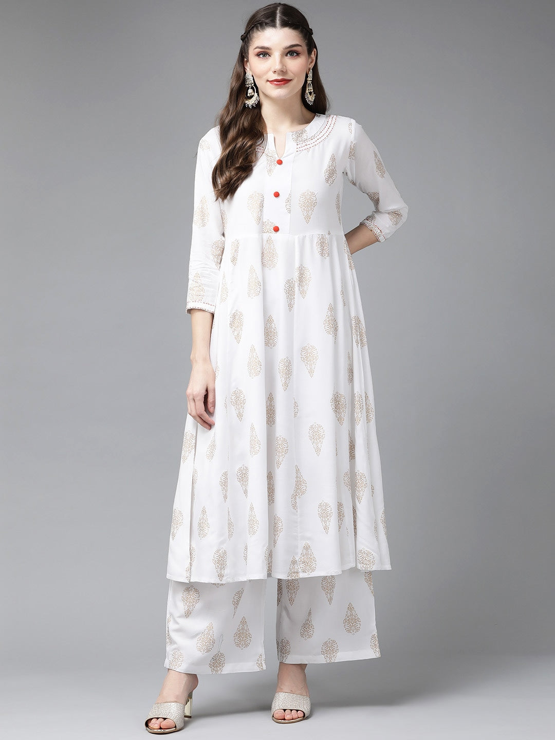 White Ethnic Print Kurta Set-Yufta Store-712SETWHS