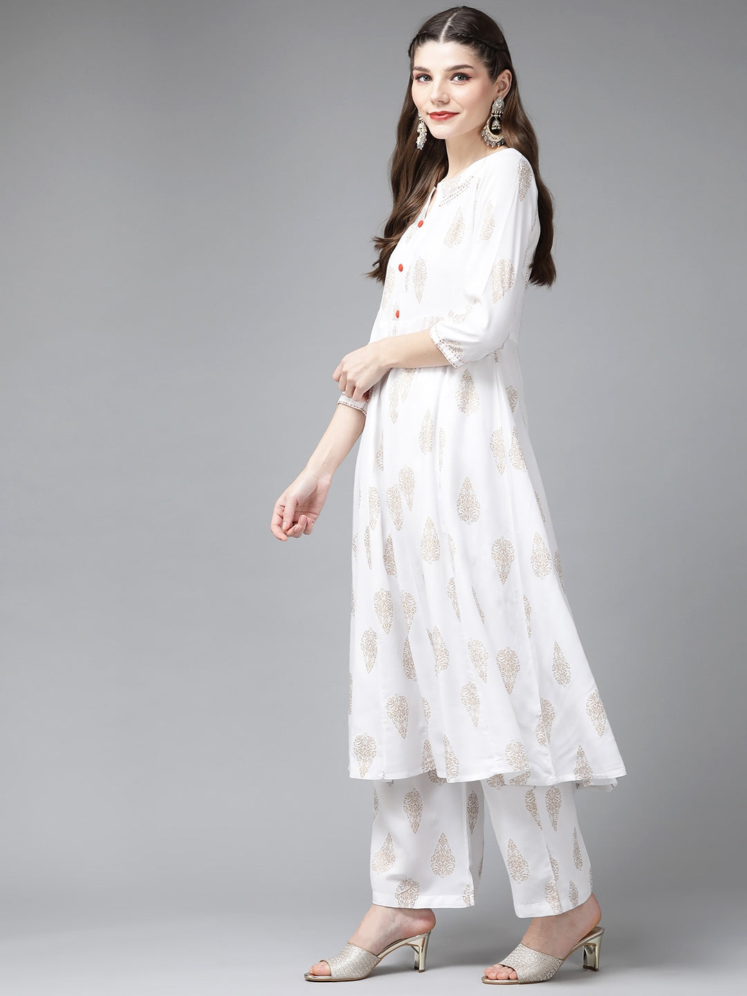 White Ethnic Print Kurta Set-Yufta Store-712SETWHS