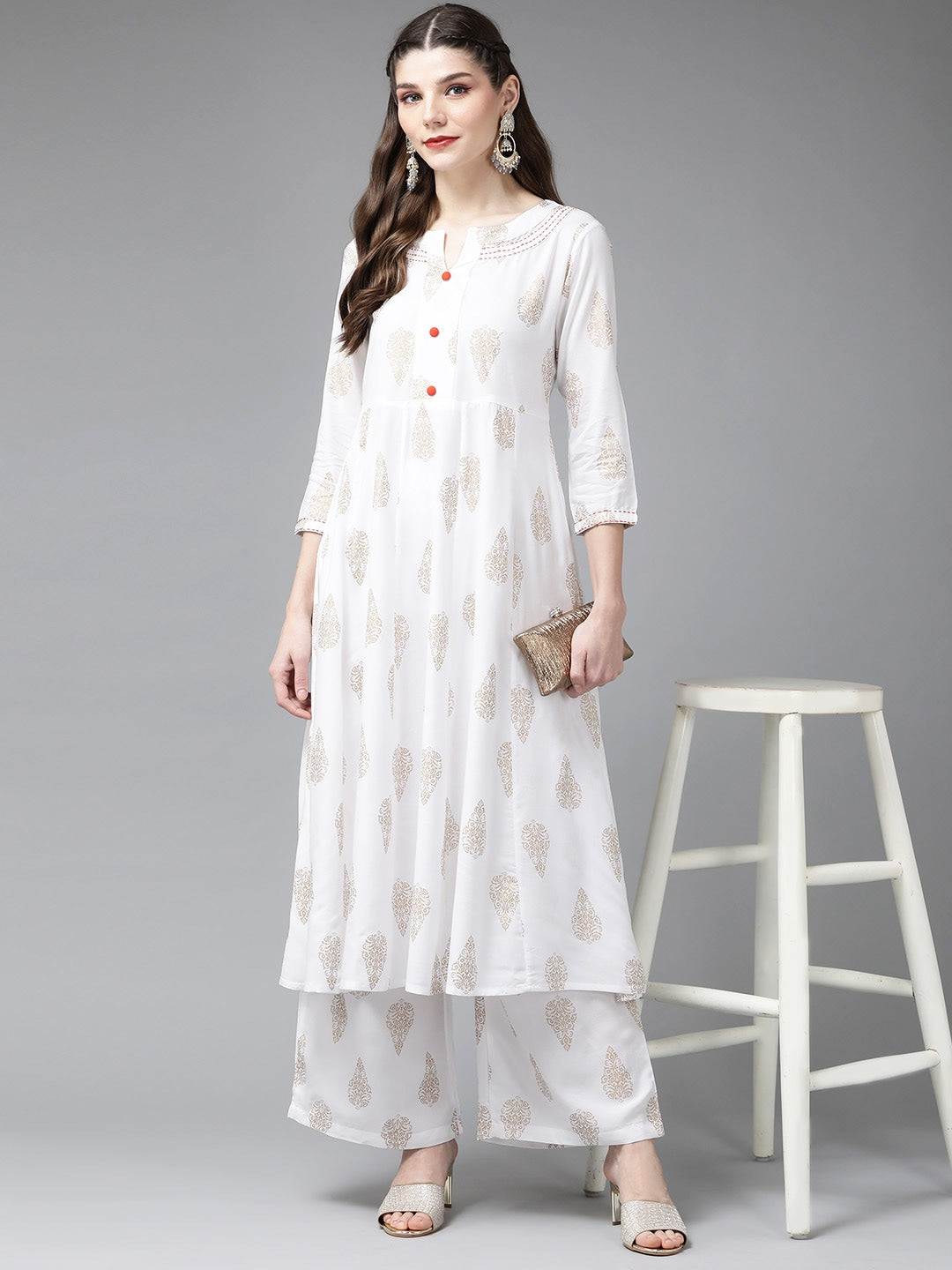 White Ethnic Print Kurta Set-Yufta Store-712SETWHS