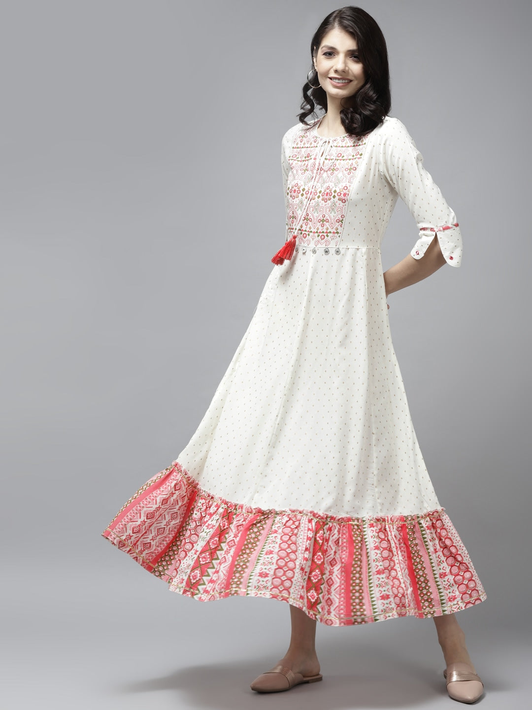 White Ethnic Printed A-Line Dress-Yufta Store-5801DRSWHS