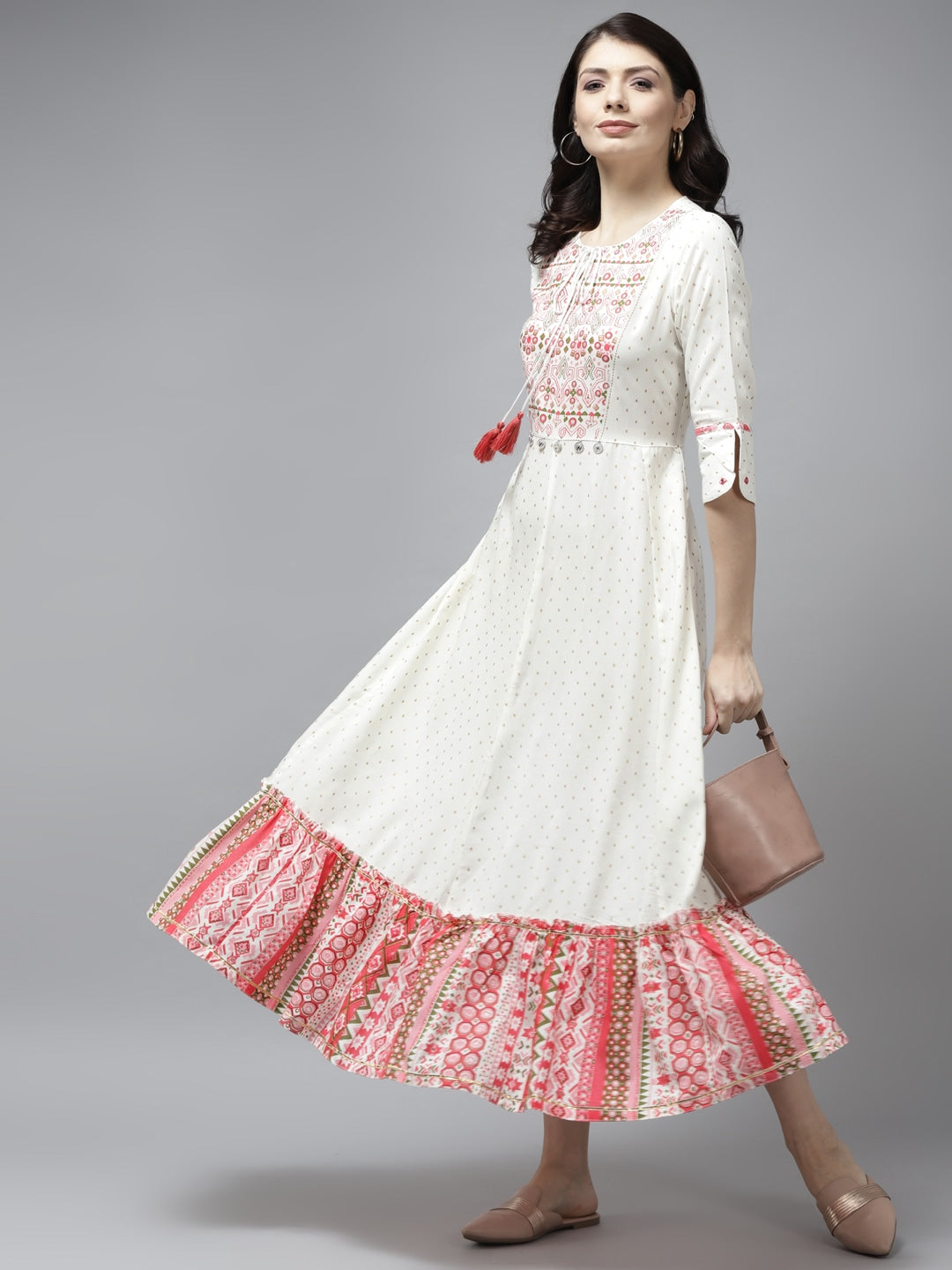 White Ethnic Printed A-Line Dress-Yufta Store-5801DRSWHS