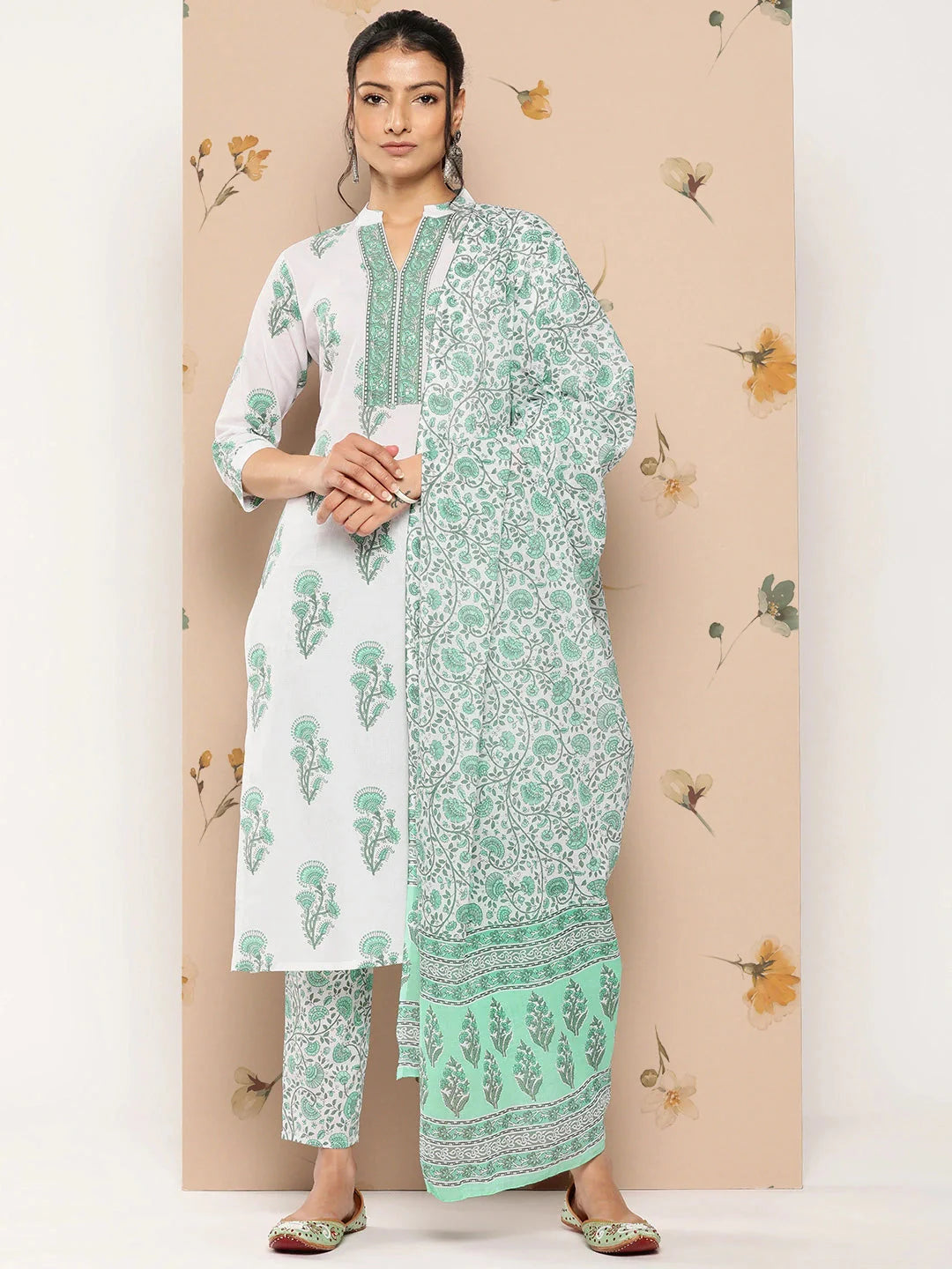 White Floral Cotton Kurta Dupatta Set