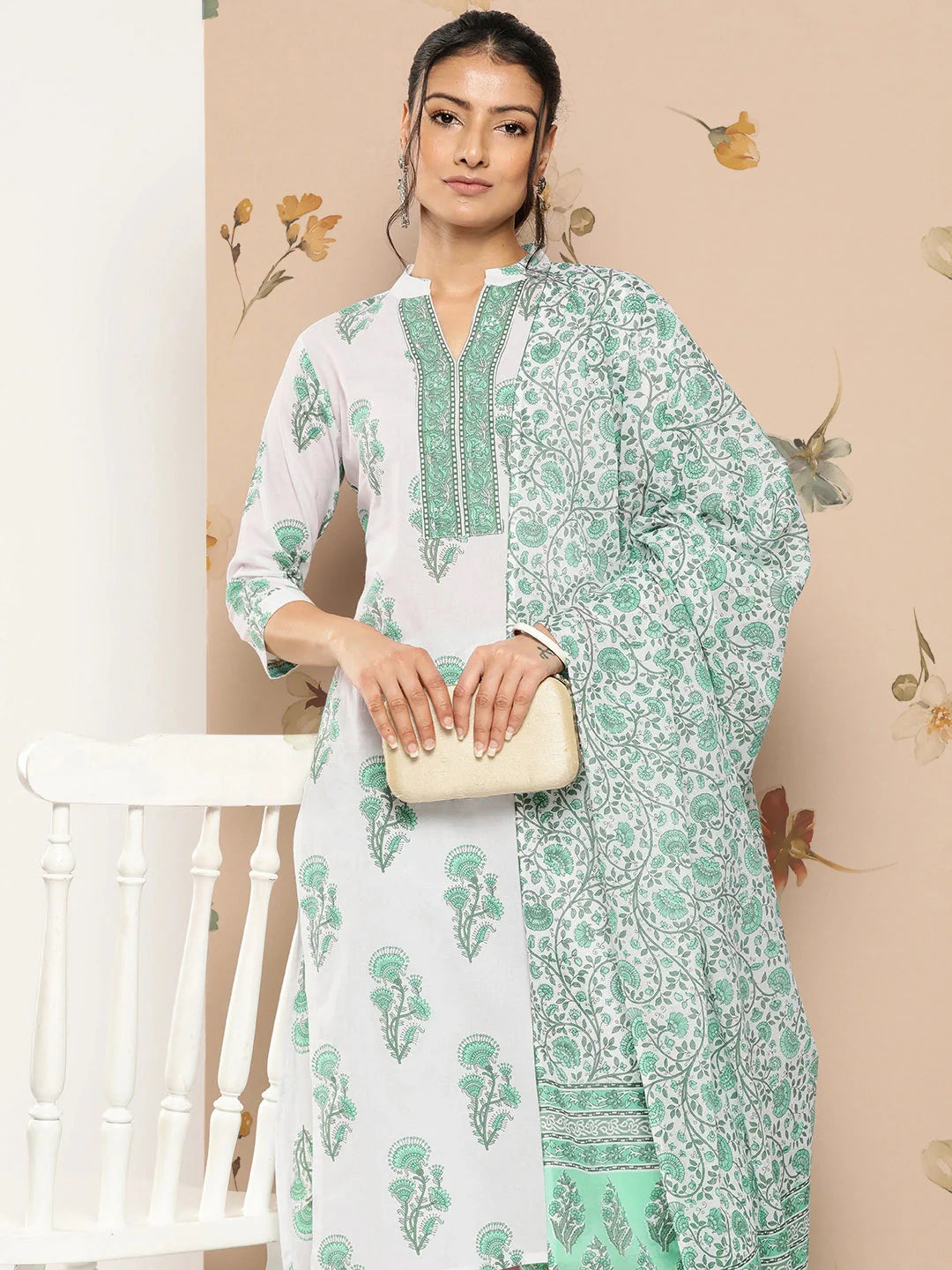 White Floral Cotton Kurta Dupatta Set