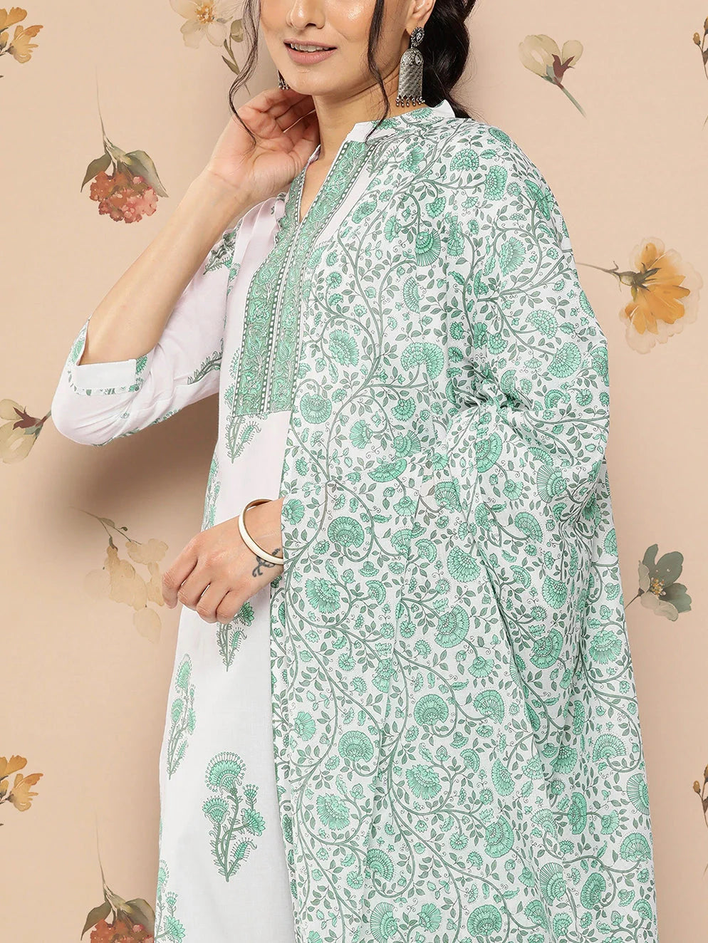 White Floral Cotton Kurta Dupatta Set