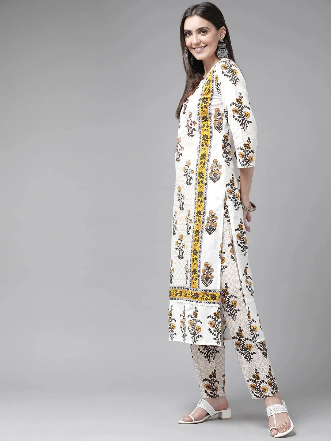 White Floral Printed Dupatta Set-Yufta Store-9496SKDWHS