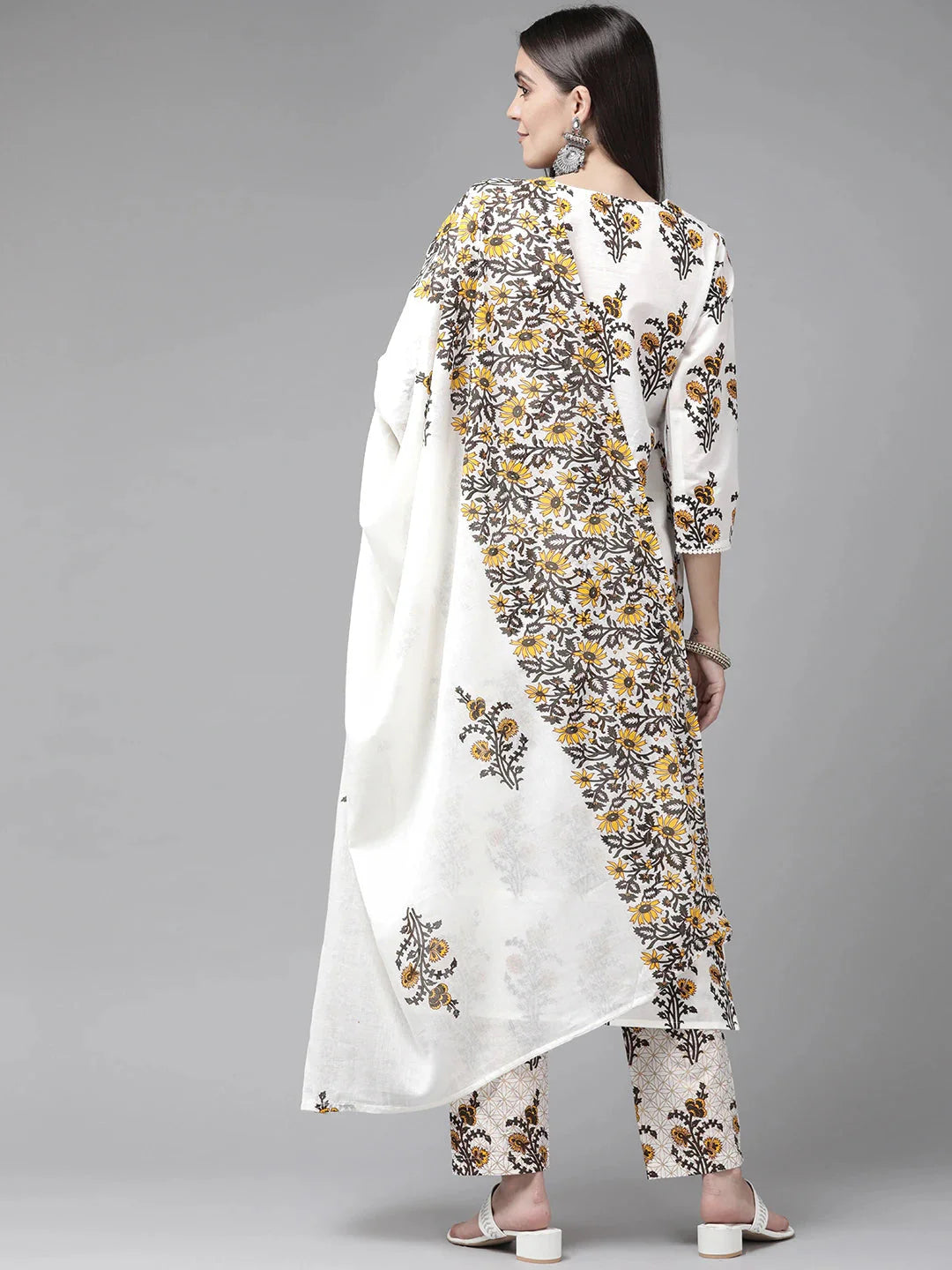 White Floral Printed Dupatta Set-Yufta Store-9496SKDWHS