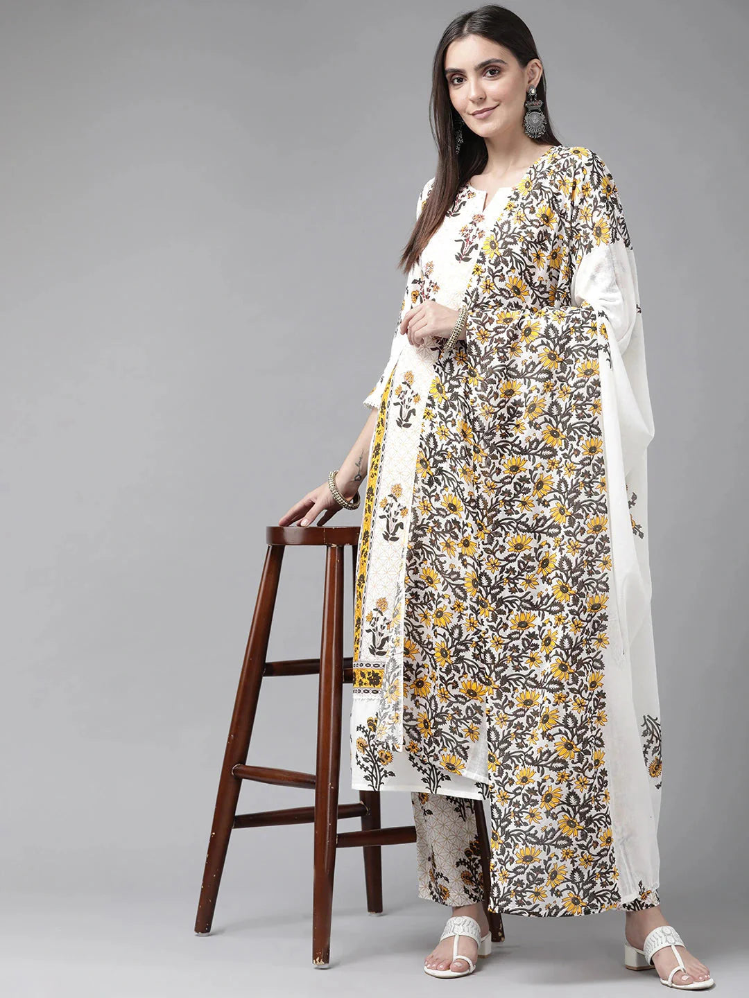 White Floral Printed Dupatta Set-Yufta Store-9496SKDWHS