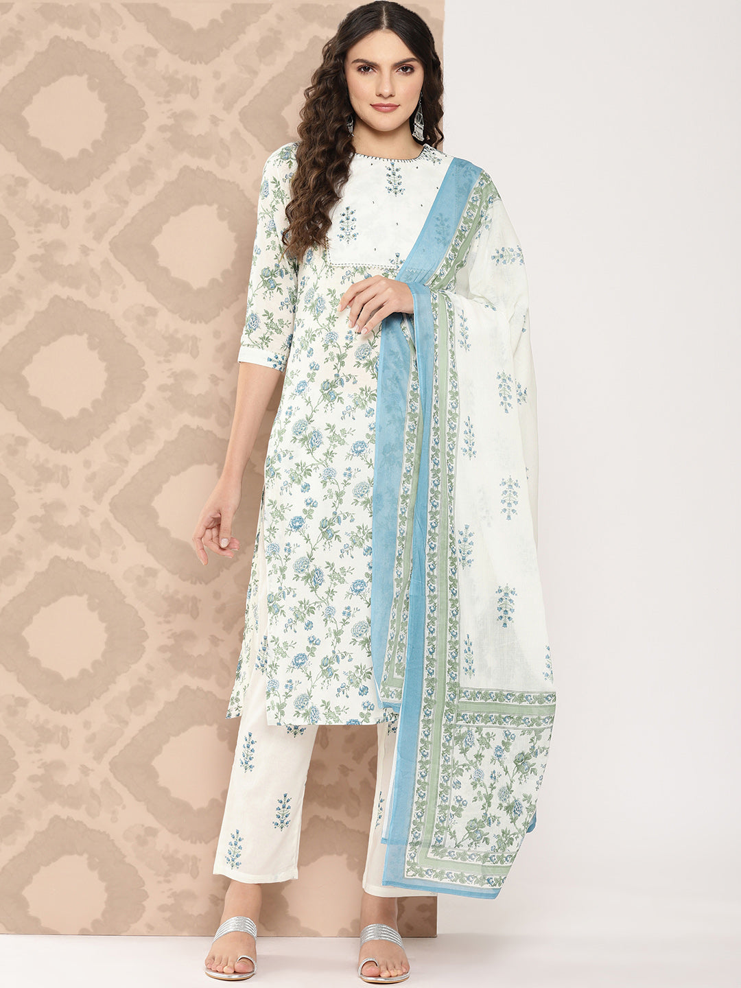 White Floral Printed Gotta Patti Pure Cotton Kurta with Trousers & Dupatta Set-Yufta Store-1395SKDWHS