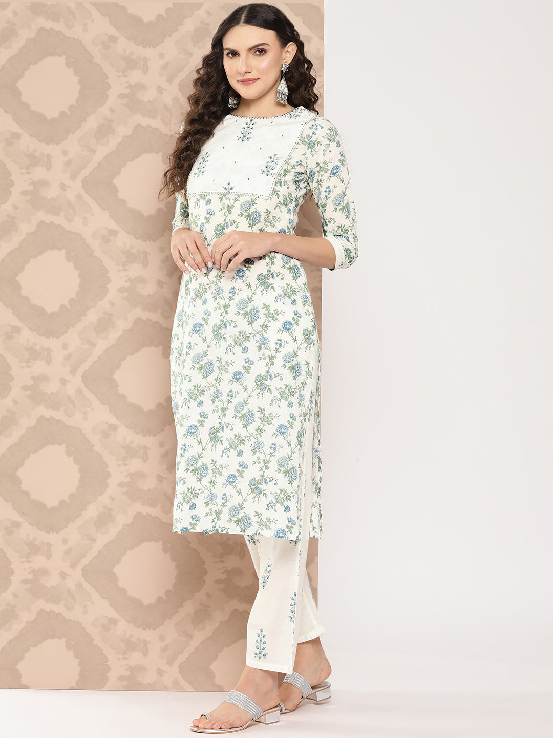 White Floral Printed Gotta Patti Pure Cotton Kurta with Trousers & Dupatta Set-Yufta Store-1395SKDWHS