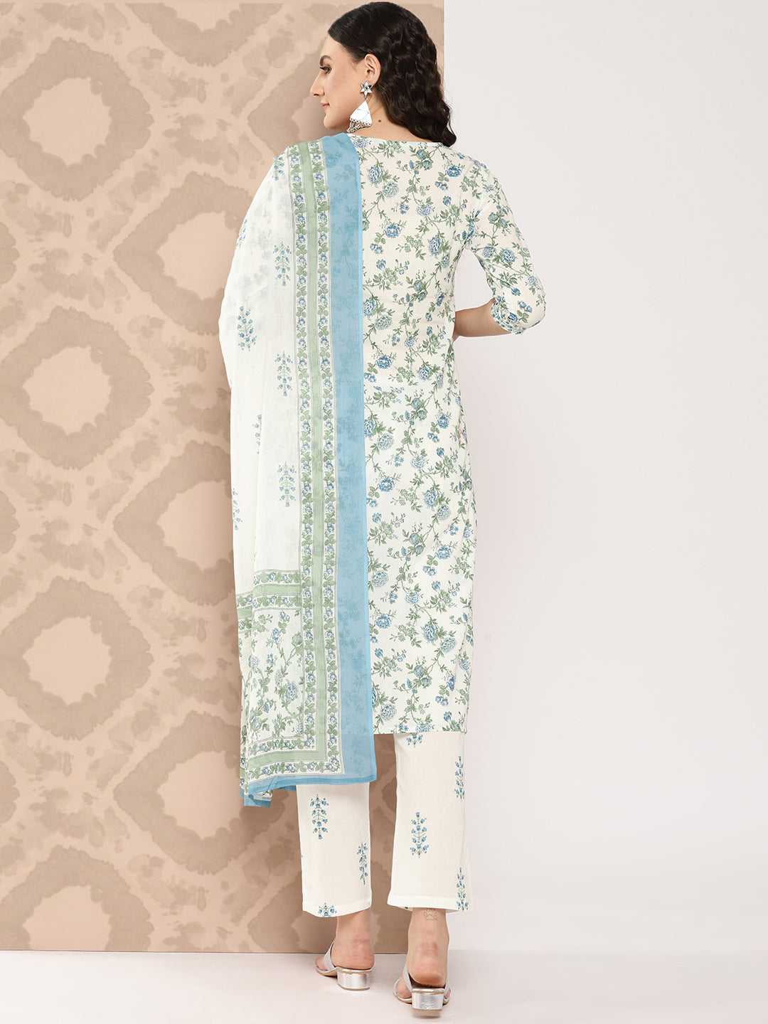 White Floral Printed Gotta Patti Pure Cotton Kurta with Trousers & Dupatta Set-Yufta Store-1395SKDWHS