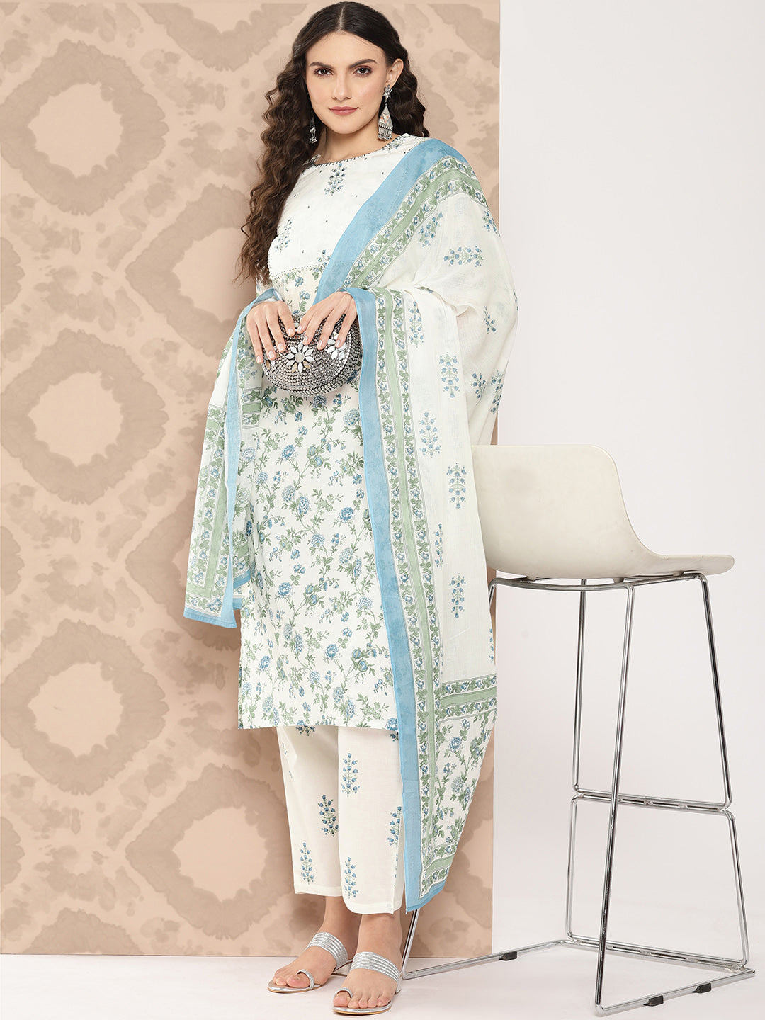 White Floral Printed Gotta Patti Pure Cotton Kurta with Trousers & Dupatta Set-Yufta Store-1395SKDWHS