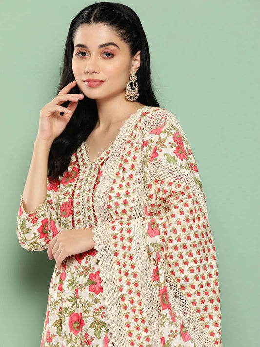 White Floral Printed Regular Pure Cotton Kurta with Trousers & Dupatta-Yufta Store-1316SKDWHS