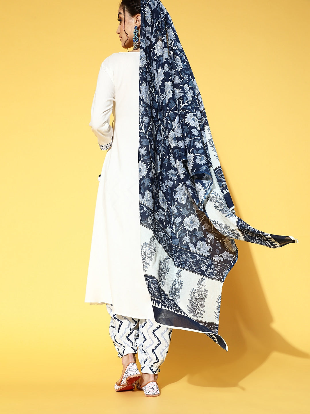 White & Navy Blue Embroidered Dupatta Set-Yufta Store-9520SKDWHS