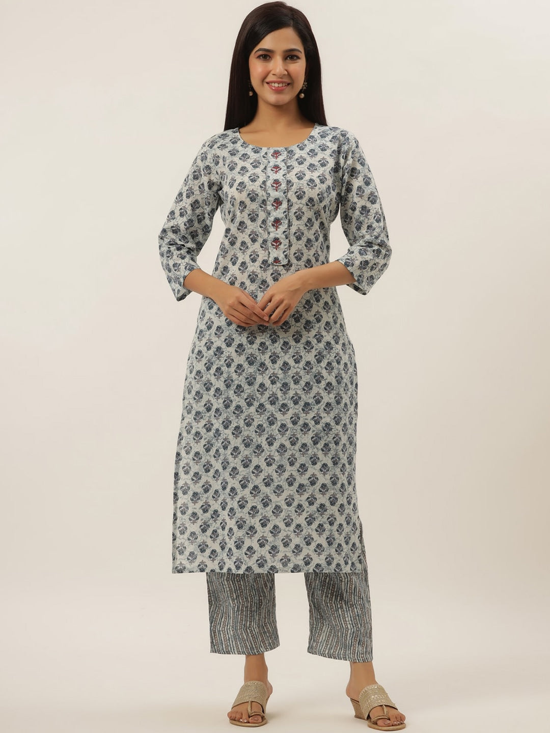 White Printed Cotton Kurta Set-Yufta Store-6203SETWHS