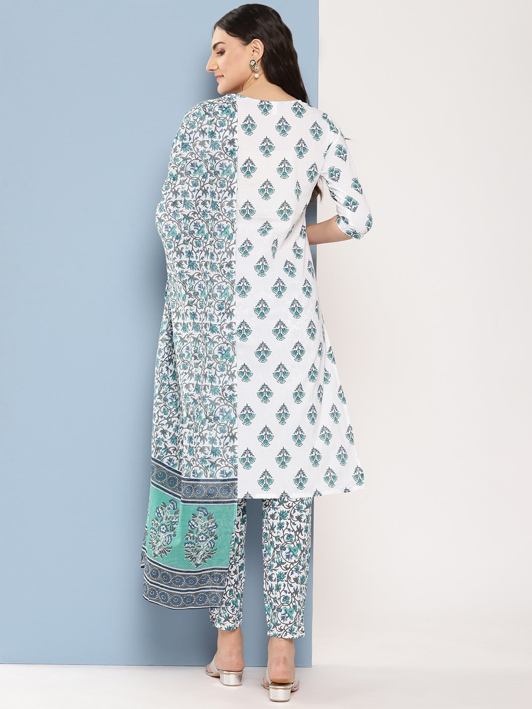 White and blue printed Kurta with Trousers with dupatta Set-Yufta Store-1364SKDWHS