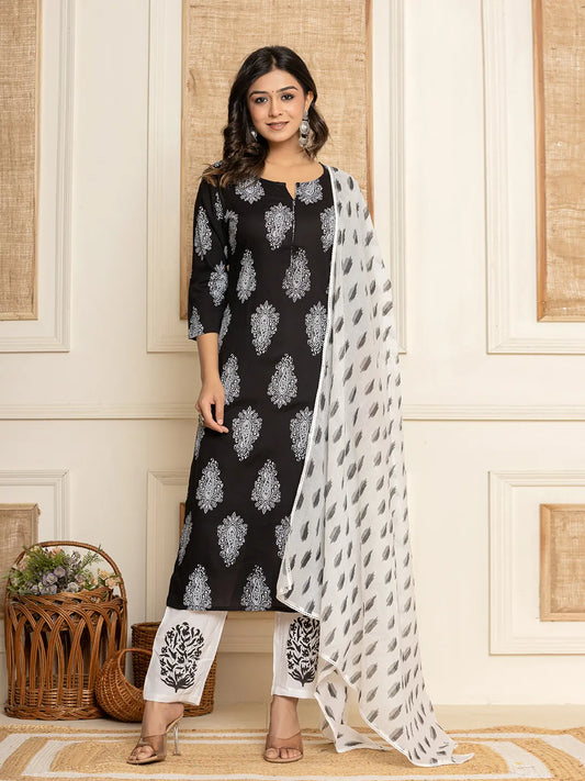 Women Black Paisley Print Rayon Kurta With Hand Block Print Palazzo & Dupatta-Yufta Store-7298SKDBKS