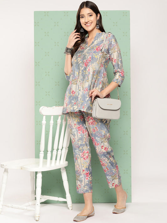 Women Grey Printed Mandarin Top with Trousers-Yufta Store-1589CRDBLS