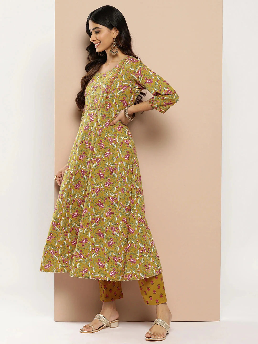 Women Mustard Yellow Floral Yoke Design Regular Sequinned Pure Cotton Kurta with Trousers & Dupatta-Yufta Store-1205SKDMSS