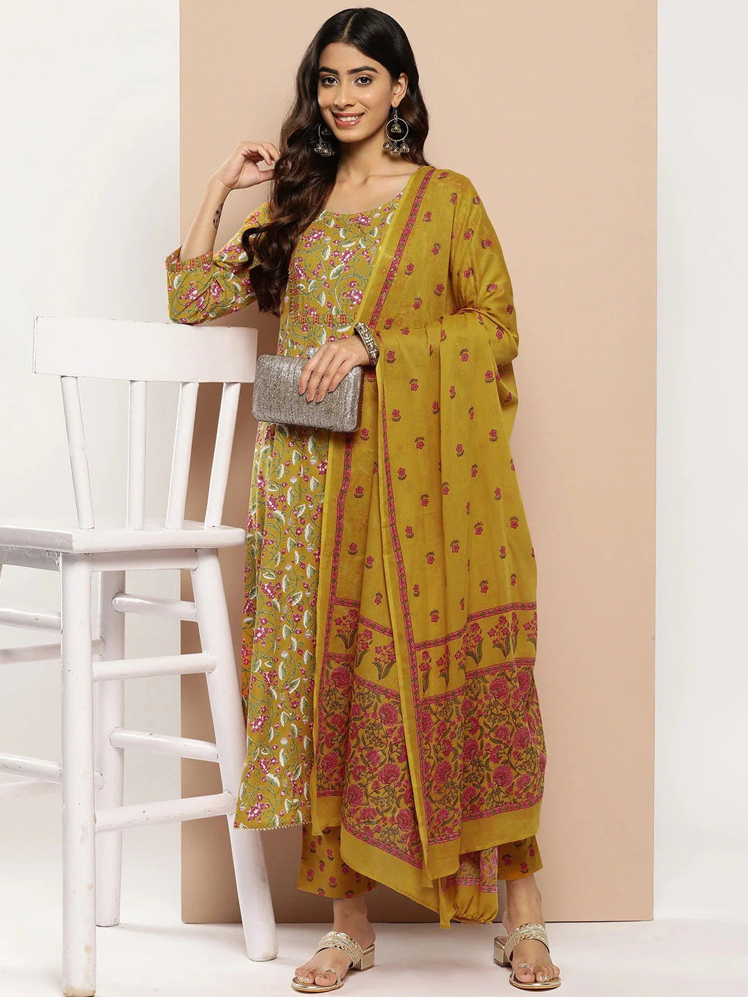 Women Mustard Yellow Floral Yoke Design Regular Sequinned Pure Cotton Kurta with Trousers & Dupatta-Yufta Store-1205SKDMSS