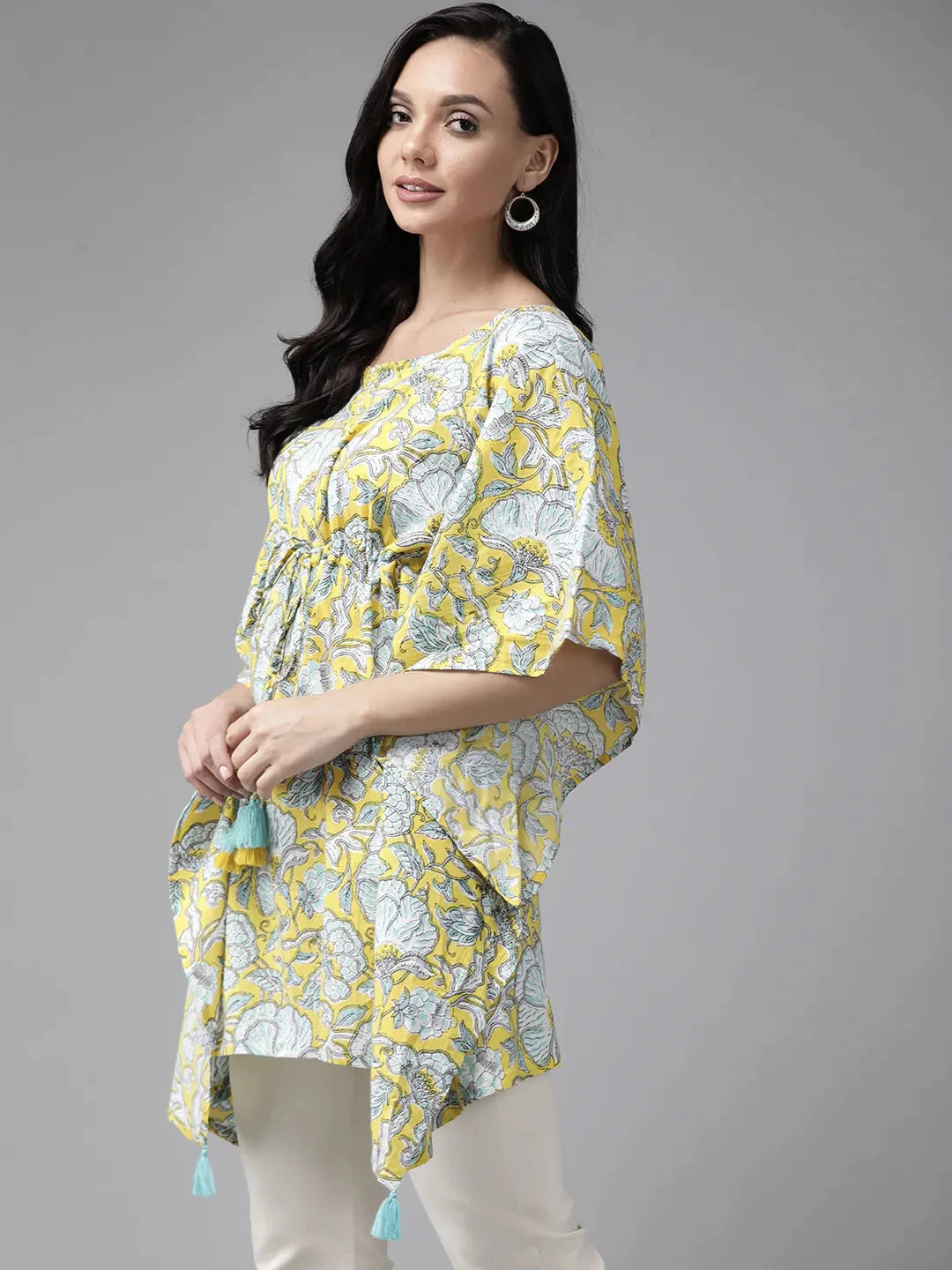 Yellow Floral Printed Kaftan-Yufta Store-9293KFTYLS