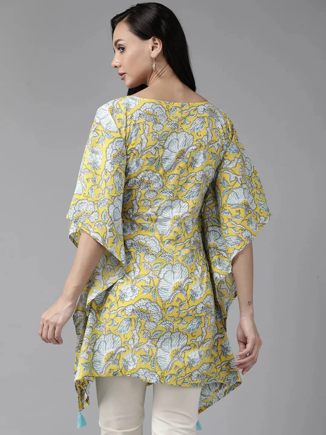 Yellow Floral Printed Kaftan-Yufta Store-9293KFTYLS