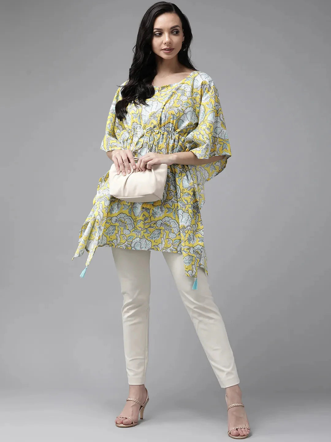 Yellow Floral Printed Kaftan-Yufta Store-9293KFTYLS