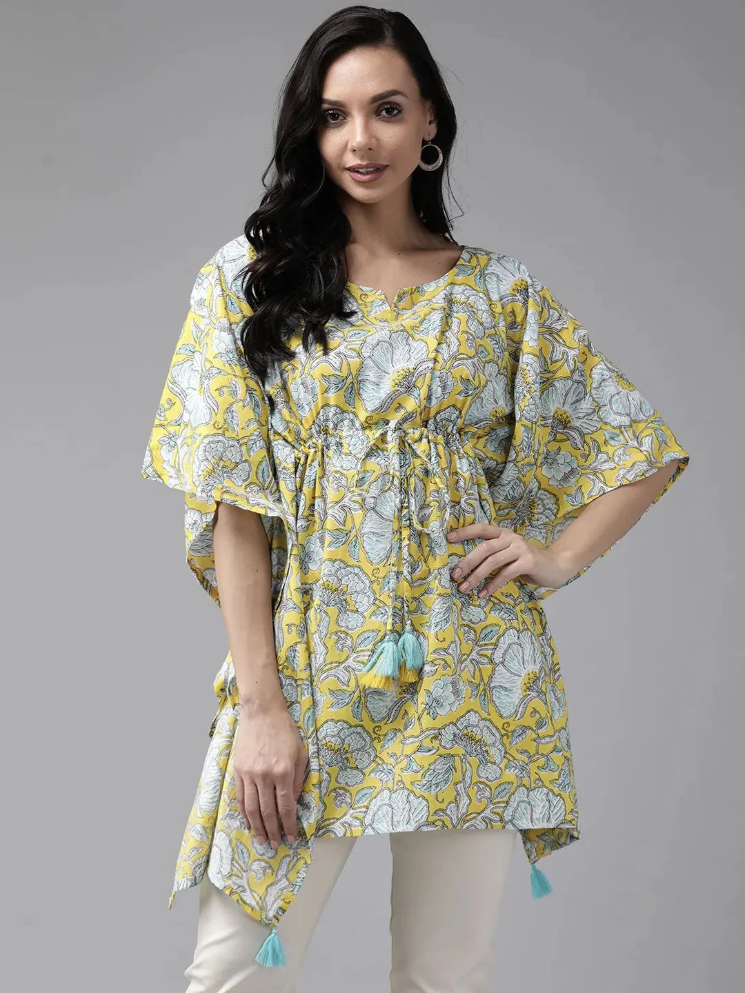 Yellow Floral Printed Kaftan-Yufta Store-9293KFTYLS