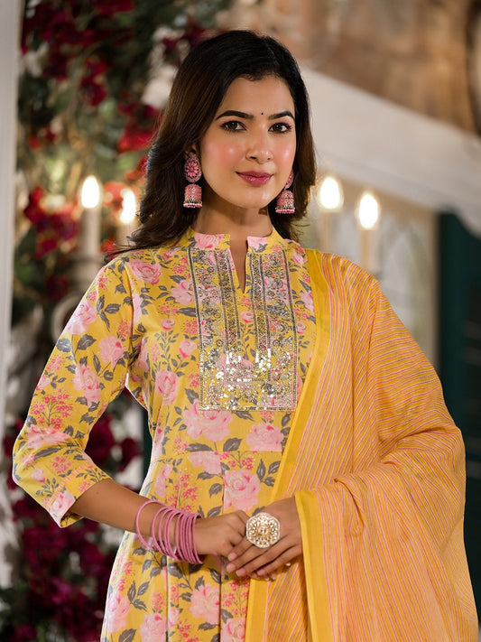 Yellow Floral Sequins_Work Kurta Trouser With Dupatta Set-Yufta Store-1761SKDYLS