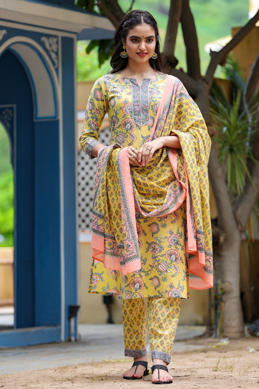 Yellow Handblock Printed Dupatta Set