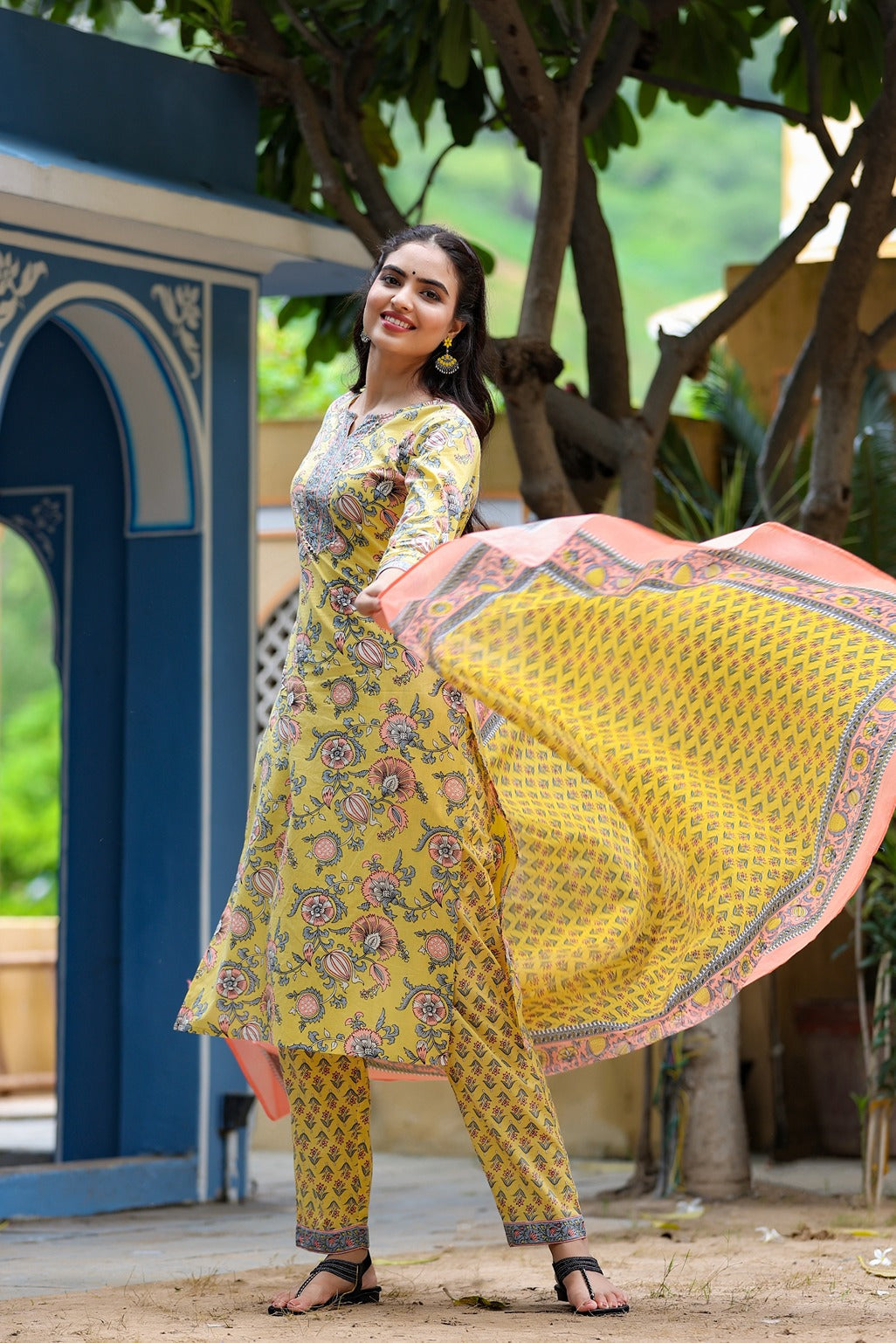 Yellow Handblock Printed Dupatta Set