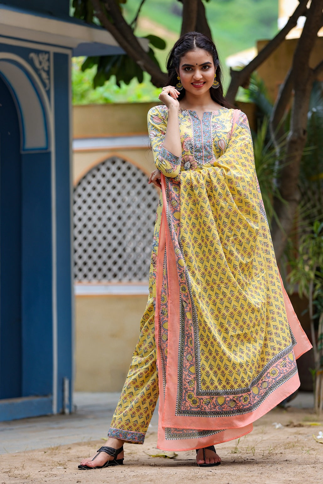 Yellow Handblock Printed Dupatta Set